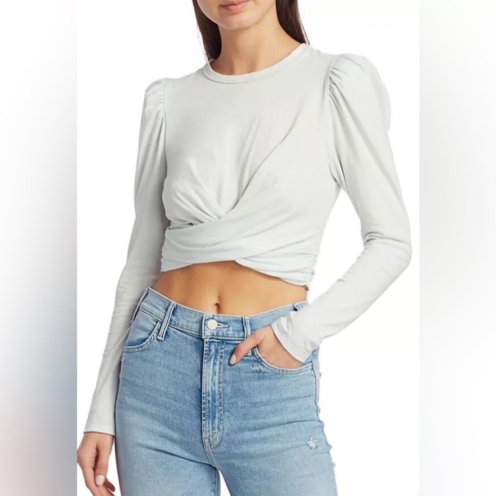 ALC Mandy Crop Ruched Tie Back Long Sleeve Top Tee Puff Shoulder Mint Green